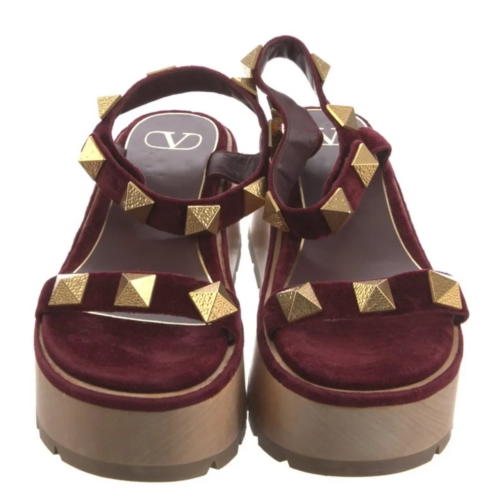 Valentino Burgundy Velvet Rockstud Platform Sandals